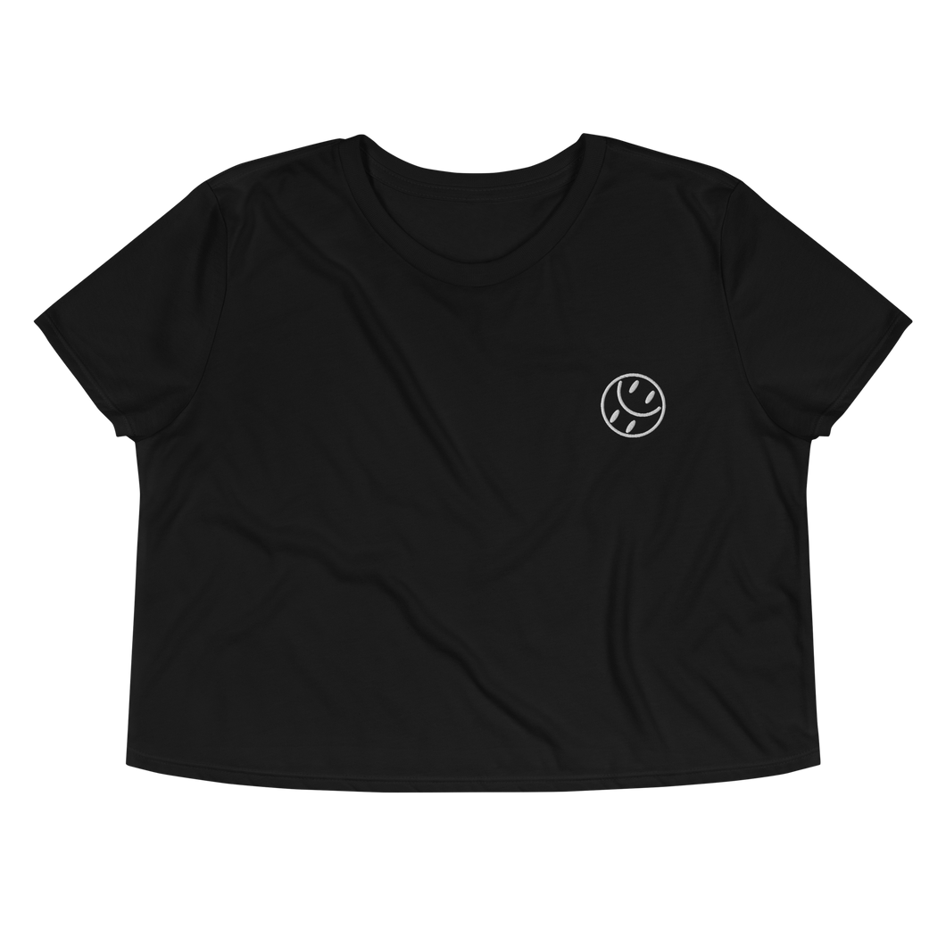 Smiley Embroidered, Women's Flowy Crop Tee (White Smiley)