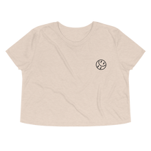 Load image into Gallery viewer, Smiley Embroidered, Women&#39;s Flowy Crop Tee (Black Smiley)
