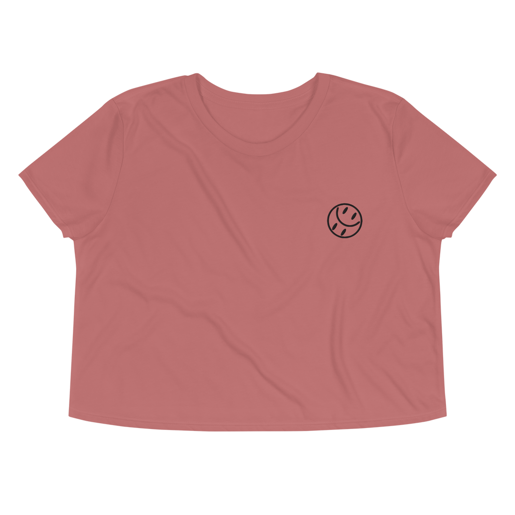 Smiley Embroidered, Women's Flowy Crop Tee (Black Smiley)